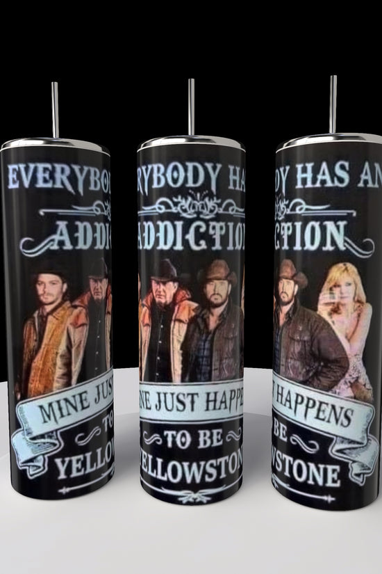 Three Kreative Kreationz Yellowstone Addiction 20oz Tumblers with straws feature Western-themed imagery and the text 