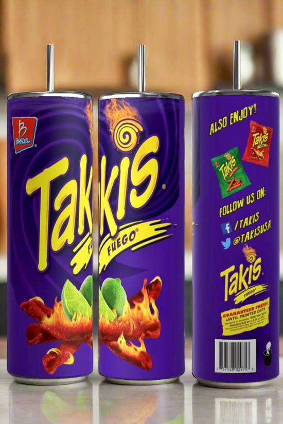 Image of three cylindrical cups with metal straws, designed to resemble Takis Fuego snack packaging. The Takis 20oz Stainless Steel Skinny Tumblers from Kreative Kreationz display the Takis logo, fiery snack sticks, and lime slices on a purple background. With a 20 oz capacity, they keep beverages hot or cold. Blurred kitchen background.