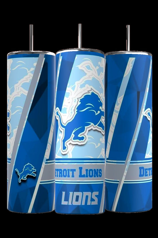 The Kreative Kreationz Lions-20oz Skinny Tumblers, part of the NFL Collection, showcase Detroit Lions logos in blue, silver, and white. Each tumbler includes a spill-proof lid and reusable metal straw with lion images and abstract patterns for a winning design.