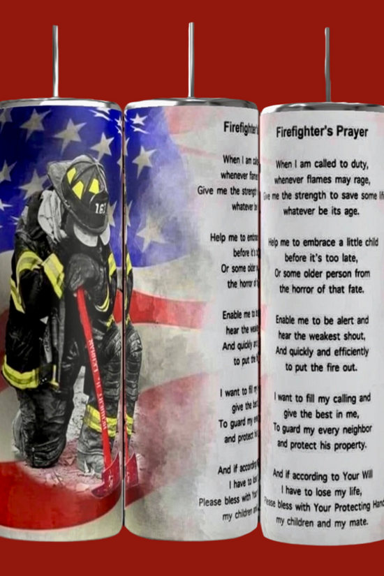 The Firefighter Prayer 20oz Tumbler by Kreative Kreationz features a firefighter kneeling before a flag, with the prayer emphasizing duty, courage, and protection. Its durable design vividly showcases the American flag’s stars and stripes through sublimation.