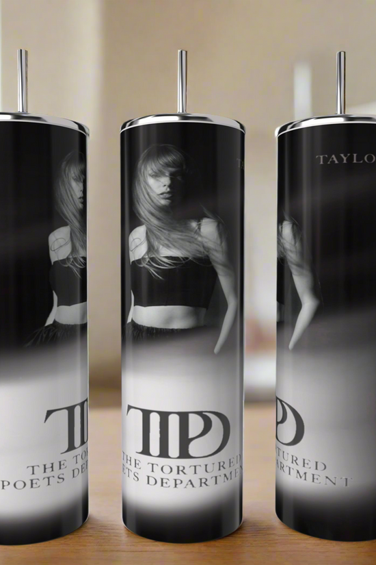 Three tall, cylindrical skinny tumblers from Kreative Kreationz feature a black-and-white image of a woman with long hair and the text 