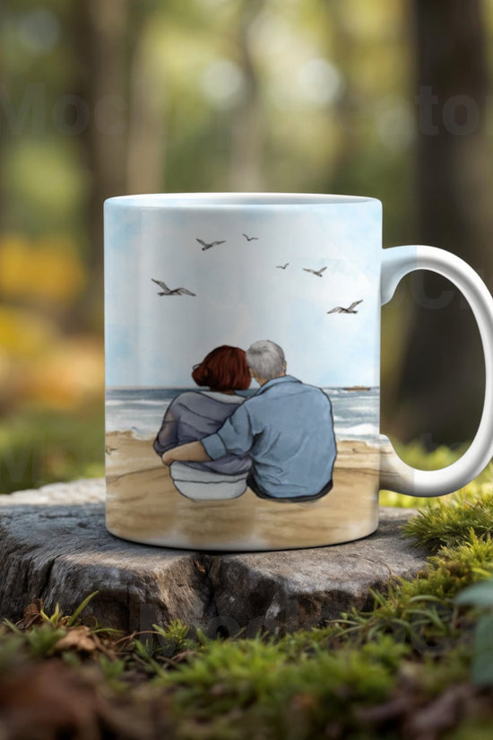 The Personalized Couples Ceramic Mug by Kreative Kreationz is a thoughtful gift for any romantic occasion, featuring a beach illustration of two lovers embracing with birds soaring above, set on a tree stump in lush forest greenery.