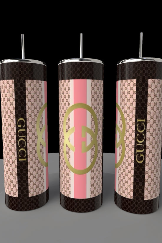Three Gucci Brown 20oz Skinny Tumblers, branded by Kreative Kreationz, showcase a geometric pattern. The two outer tumblers feature a brown and pink design with 