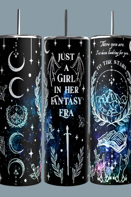 Three 20oz tall tumblers from Kreative Kreationz feature celestial designs set against a dark background. One tumbler displays 