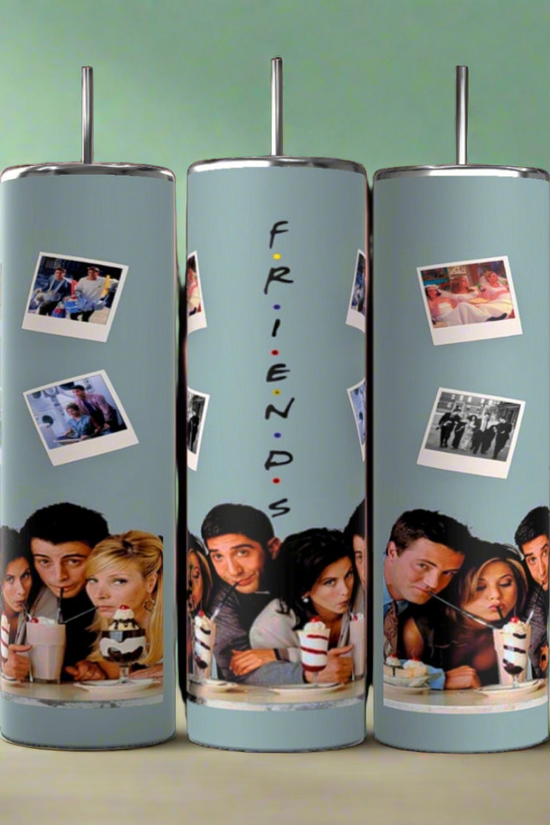 Three cylindrical Teal Friends TV Show 20oz Tumblers by Kreative Kreationz feature images from the TV show 
