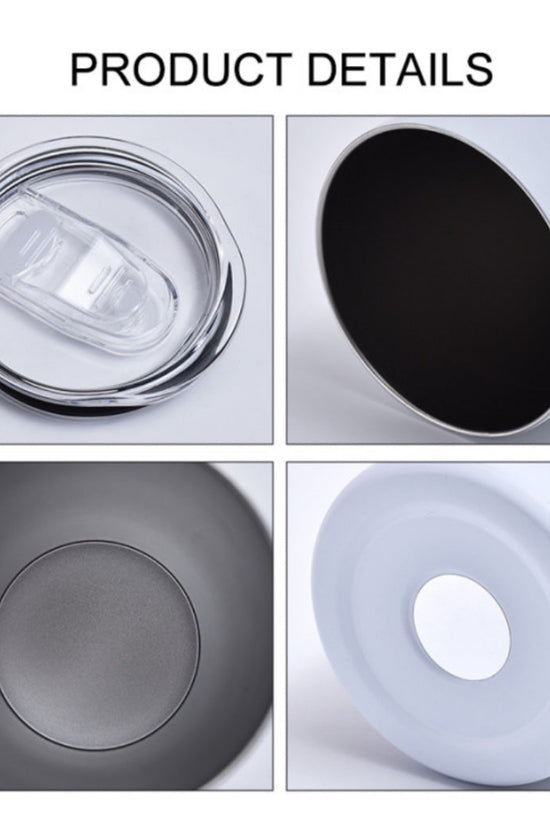 Four close-up images showcase the intricate details of the D&B Pink 20oz Tumbler by Kreative Kreationz. Top left: a clear lid; top right: the black interior; bottom left: the meticulously crafted bottom interior; bottom right: the sturdy base, enhanced by elegant double-wall insulation.
