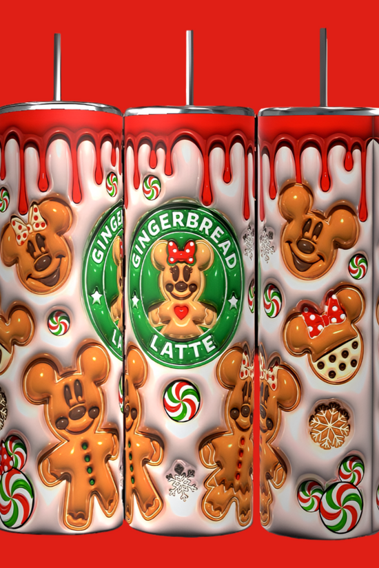 Three Gingerbread Latte Puffy Tumblers from Kreative Kreationz, each with a gingerbread latte theme against a red backdrop. These 20 oz tumblers feature gingerbread cookies shaped as characters, candy canes, and intricate frosting designs. One tumbler proudly displays 