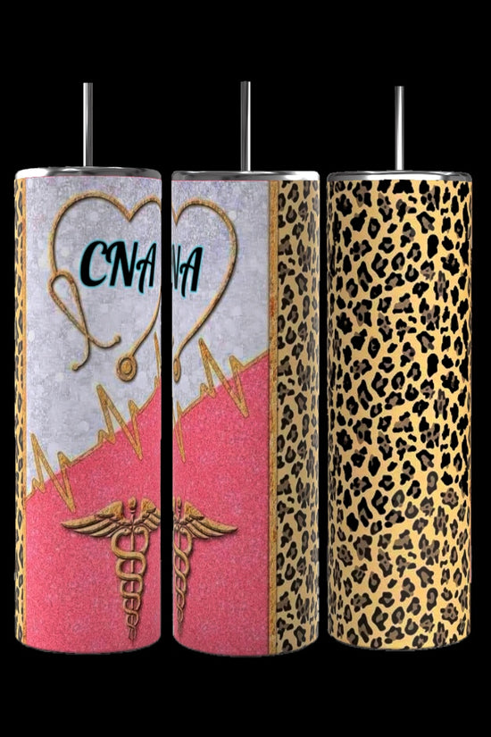 Three tumblers are shown. The left tumbler, a CNA 20oz Skinny Tumbler by Kreative Kreationz, features a stethoscope, the letters 