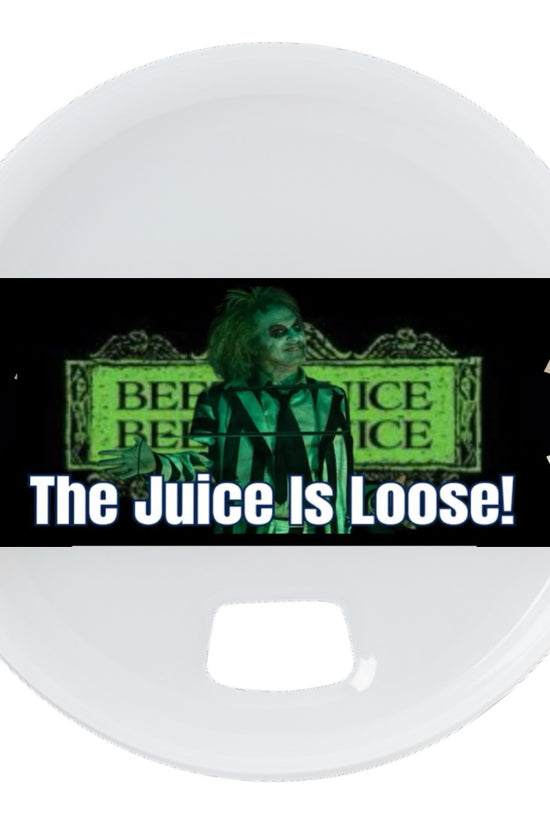 A character in green lighting, wearing a black and white striped suit, stands before a sign with repeated text. Overlain with 