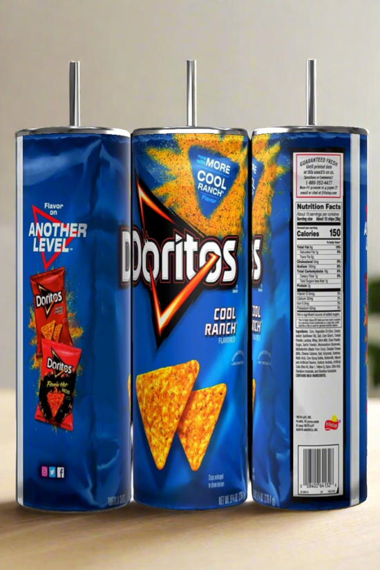 Three Doritos Ranch 20oz Stainless Steel Skinny Tumblers from Kreative Kreationz grace the table. Each features the iconic blue design with logos, chips, and nutritional details, beautifully capturing the essence of this beloved snack.