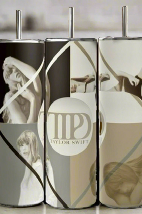 Three cylindrical Taylor Swift tumblers from Kreative Kreationz's 