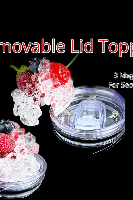 Image illustrating four round, 3D lid toppers filled with crushed ice. Each tumbler accessory by Kreative Kreationz features a distinct garnish: a lemon slice, a lime slice, a cherry, and plain crushed ice. The text identifies the garnishes and reads 