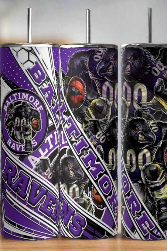 Three Kreative Kreationz NFL-Ravens 20oz Skinny Tumblers, with bold Baltimore Ravens graphics in purple, black, and white, each include a spill-proof lid and are shown on a wooden surface.
