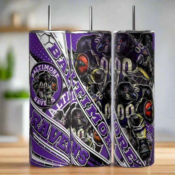Three Kreative Kreationz NFL-Ravens 20oz Skinny Tumblers, with bold Baltimore Ravens graphics in purple, black, and white, each include a spill-proof lid and are shown on a wooden surface.