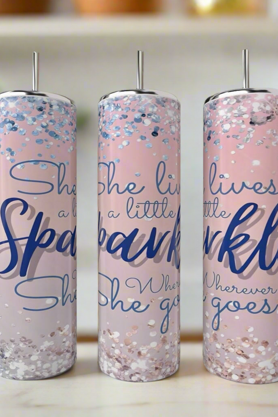 Three 20oz Kate Spade She Leaves Sparkle skinny tumblers by Kreative Kreationz, featuring pink design, silver lids and straws, blue and silver glitter accents, and the quote 