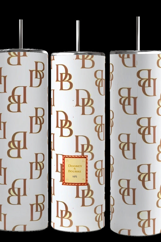 The D&B - White 20oz Tumblers by Kreative Kreationz feature an elegant design with a white background adorned by a brown 