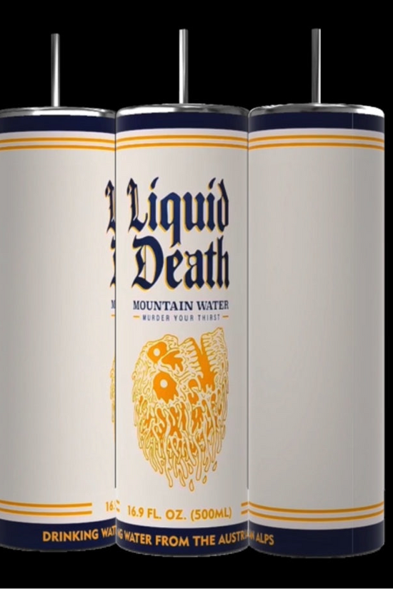Three Liquid Death designed 20oz Tumblers from Kreative Kreationz are displayed against a black background. Each tumbler features a prominent logo with the brand name in bold blue letters and an illustration of a dripping skull. The text 