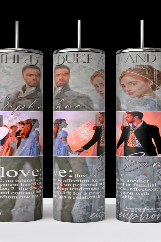 Three tall candles adorned with images of a man and a woman embracing on the surface, featuring romantic scenes, soft pastel colors, and words like 