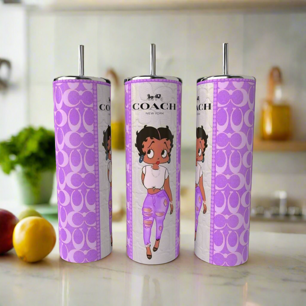 Three Boop purple 20oz Skinny Tumblers by Kreative Kreationz sit on a counter. Each features the brand logo and a cartoon girl with curly hair, white shirt, and ripped purple jeans—a playful take on a classic reusable tumbler.