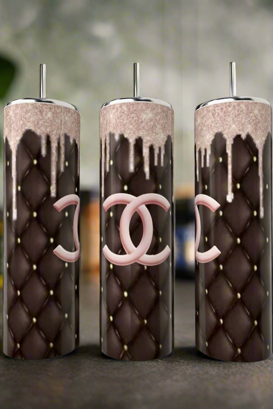 Three Chanel Pink Drip 20oz Tumblers by Kreative Kreationz, featuring quilted brown patterns, shiny silver lids, pink interlocking 