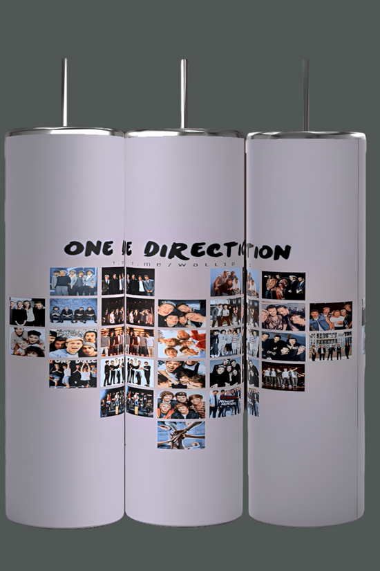 Kreative Kreationz offers the One Direction Heart Collage 20oz Stainless Steel Tumbler, featuring a photo collage of the band against a light backdrop with 