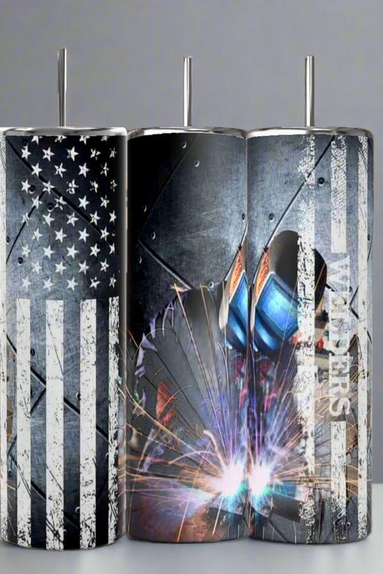 Discover Kreative Kreationz's Welder 20oz Tumbler collection featuring three unique designs: a stylized American flag, vibrant welding sparks with equipment, and artistic text. Each stainless steel tumbler is sublimated and stands out against a plain gray background.