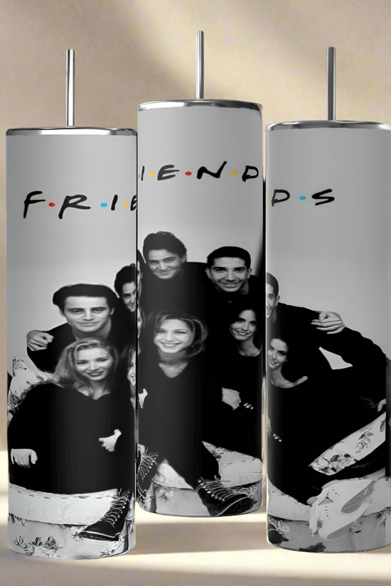 Kreative Kreationz's Friends B&W 20oz tumbler features black and white images of smiling friends. 