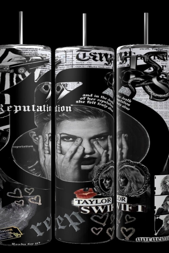 Kreative Kreationz's Reputation 13 20oz Tumblers showcase a collage of black-and-white images and text inspired by Taylor Swift's 