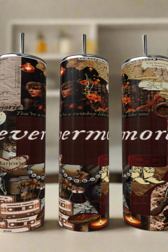 The Kreative Kreationz Evermore Collage Polaroid Taylor Swift 20oz Skinny Tumbler features vintage, western-inspired designs and 