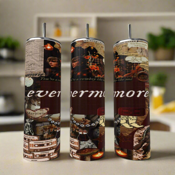 The Kreative Kreationz Evermore Collage Polaroid Taylor Swift 20oz Skinny Tumbler features vintage, western-inspired designs and "evermore" text—an eco-friendly drinkware pick for Swifties, perfect for your kitchen counter.
