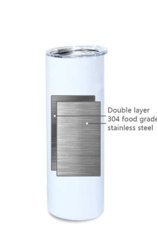The Kreative Kreationz 1989 20oz white tumbler with a spill-proof lid is displayed. It has a double-layer design crafted from 304 food-grade stainless steel, represented by two metallic sheets, and comes with a slim straw.