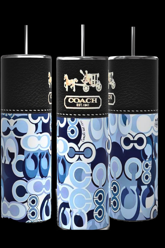 Three Coach Purse 20oz Tumblers from Kreative Kreationz showcase a sublimated design featuring the Coach logo in blue, white, and black. Each tumbler is equipped with a spill-proof black lid and a silver straw, maintaining a consistent pattern throughout.