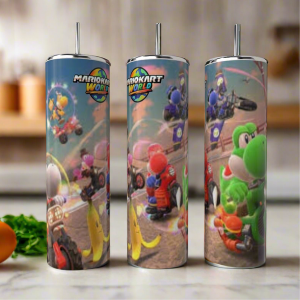 The Kreative Kreationz Mario World 20oz Tumbler set includes three eco-friendly stainless steel tumblers with metal straws, featuring colorful graphics of Yoshi, Mario, and other characters racing on a track with bananas.