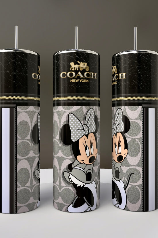 Three tall Kreative Kreationz Mickey Mouse Coach 20oz Skinny Tumblers come with straws and feature gray, black, and white bow and polka dot patterns with character illustrations and the Coach New York logo.