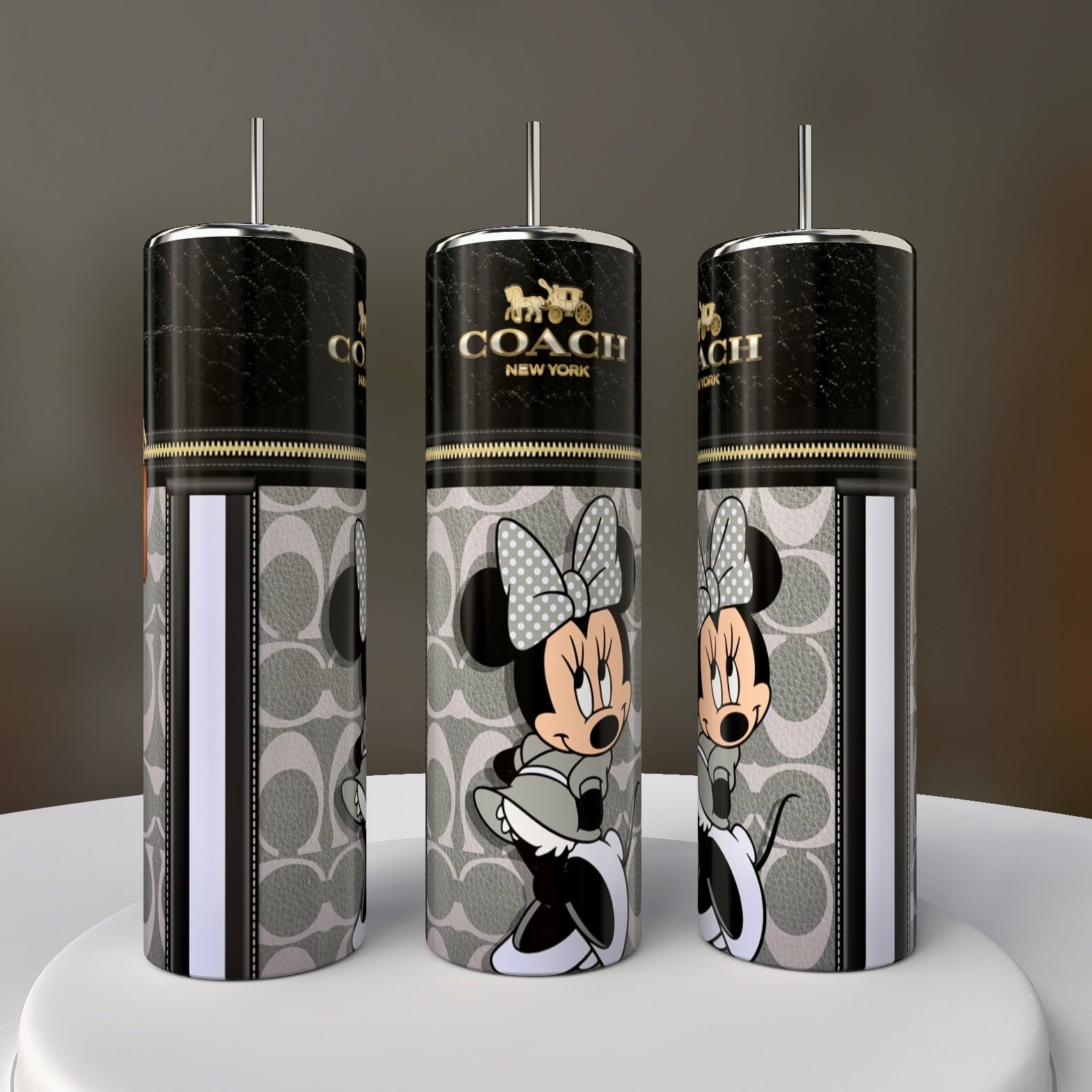 Three tall Kreative Kreationz Mickey Mouse Coach 20oz Skinny Tumblers come with straws and feature gray, black, and white bow and polka dot patterns with character illustrations and the Coach New York logo.