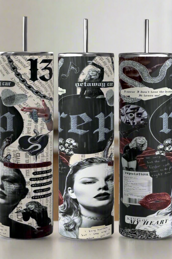 The Kreative Kreationz Taylor Swift Rep Collage 20oz Tumbler features a bold, reusable design with 