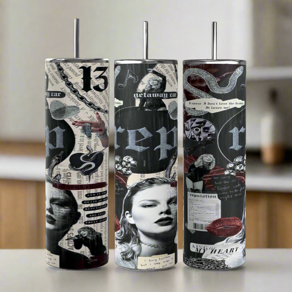 The Kreative Kreationz Taylor Swift Rep Collage 20oz Tumbler features a bold, reusable design with "Reputation"-inspired collage art—snakes, newspapers, Taylor Swift images, red lips, and black-and-white graphics. Eco-friendly and stylish!.