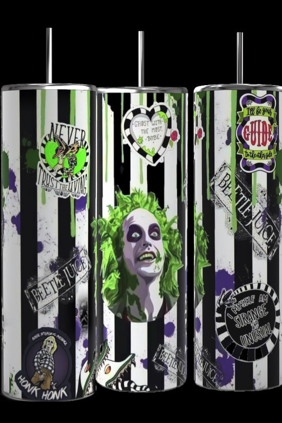 Three Beetlejuice 20oz Tumblers by Kreative Kreationz, each with black and white vertical stripes, feature various themed designs. These include a green-haired character, a button that reads 