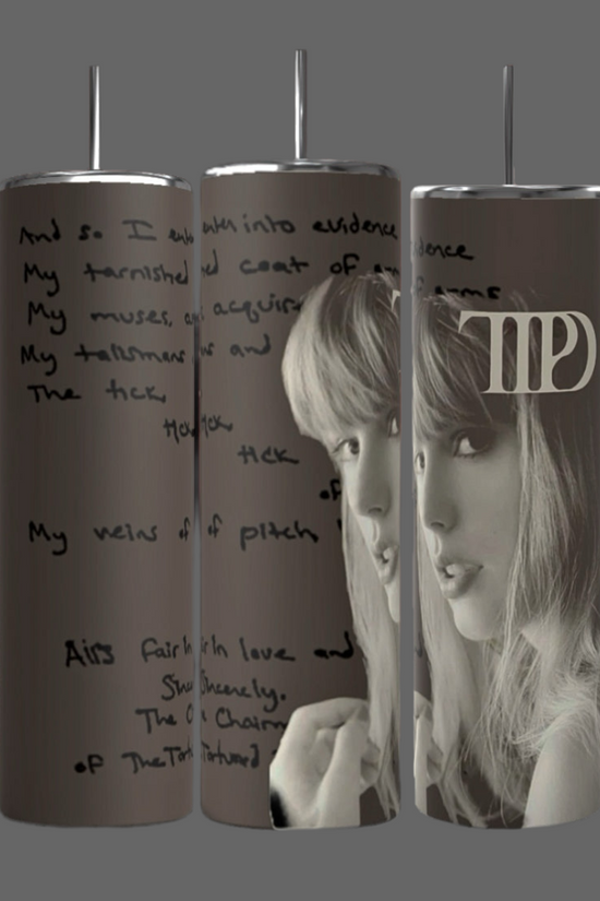A set of three TTPD The Manuscript 20oz Tumblers by Kreative Kreationz featuring a grayscale image of a woman with long hair and bangs. One tumbler proudly displays a stylized 