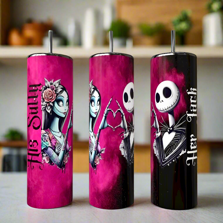 Kreative Kreationz's Sally | Jack 20oz Tumblers feature "The Nightmare Before Christmas" characters on vibrant pink and black stainless steel, with "His Sally" and "Her Jack," each including a metal straw.