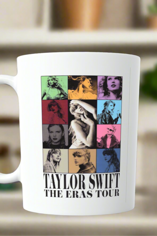 The Taylor Swift ERAS Ceramic Mug by Kreative Kreationz showcases vibrant album-style portraits with 