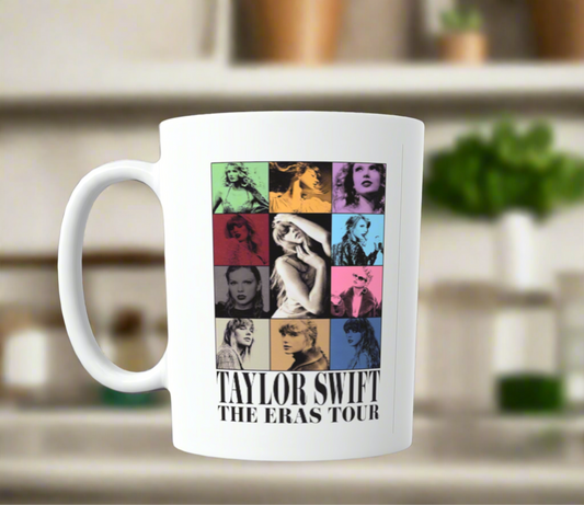 The Taylor Swift ERAS Ceramic Mug by Kreative Kreationz showcases vibrant album-style portraits with "Taylor Swift The Eras Tour" text, making it a must-have for any Swiftie.