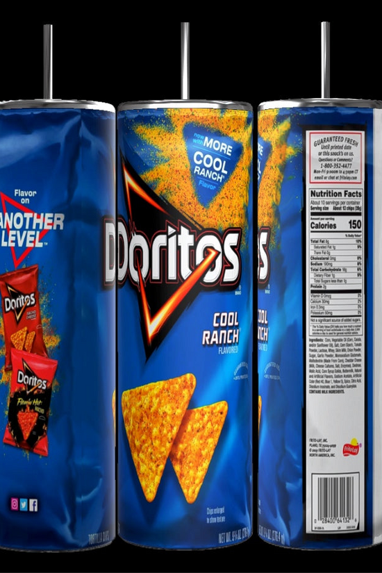 A Doritos Collection stainless steel skinny tumbler, with a sleek 20 oz capacity, sits against a backdrop of Doritos juice pouch costumes that mimic the iconic chip bags of popular flavors: Nacho Cheese and Cool Ranch. The text 