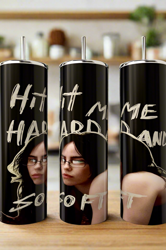 Three tall tumblers by Kreative Kreationz on a counter showcase dark designs of a woman with glasses, inspired by luxury. They read 
