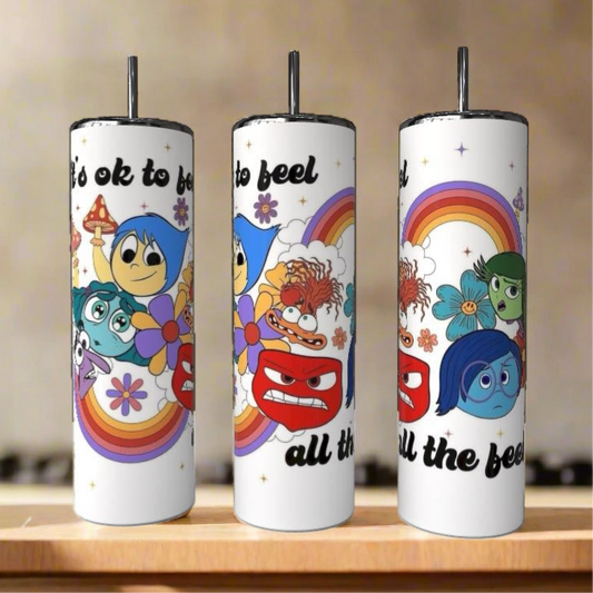 The Kreative Kreationz Pixar The Feels 20oz Tumbler features Joy, Sadness, Anger, Disgust, Fear, rainbows, and "It's ok to feel all the feels"—eco-friendly drinkware with your favorite Inside Out characters!.