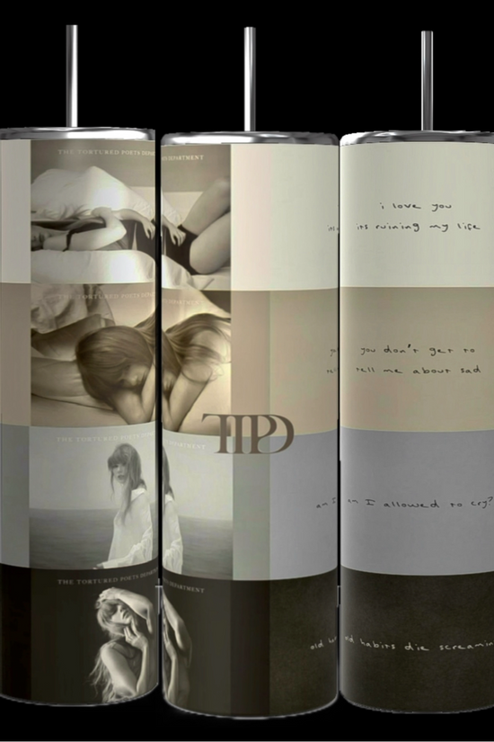 A set of three Kreative Kreationz Taylor Swift -TTPD Anesthetic 20oz Skinny Tumblers with Lids and Reusable Straws is arranged side by side, showcasing minimalist monochrome designs. Each tumbler features a collage of grayscale photos and handwritten text snippets like 