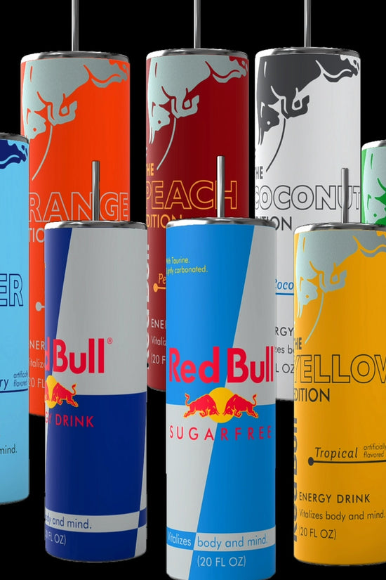 A collection of Red Bull lovers 20oz Tumblers from Kreative Kreationz, each displaying a different Red Bull flavor and distinct vibrant color. Arranged from left to right: Winter Edition (blue), Orange Edition (orange), Beach Edition (peach), Coconut Edition (white), Summer Edition (green), Original (silver), Sugarfree (white and blue stripe), and Tropical (yellow). Perfect for carrying your favorite energy drink without worrying about spills.