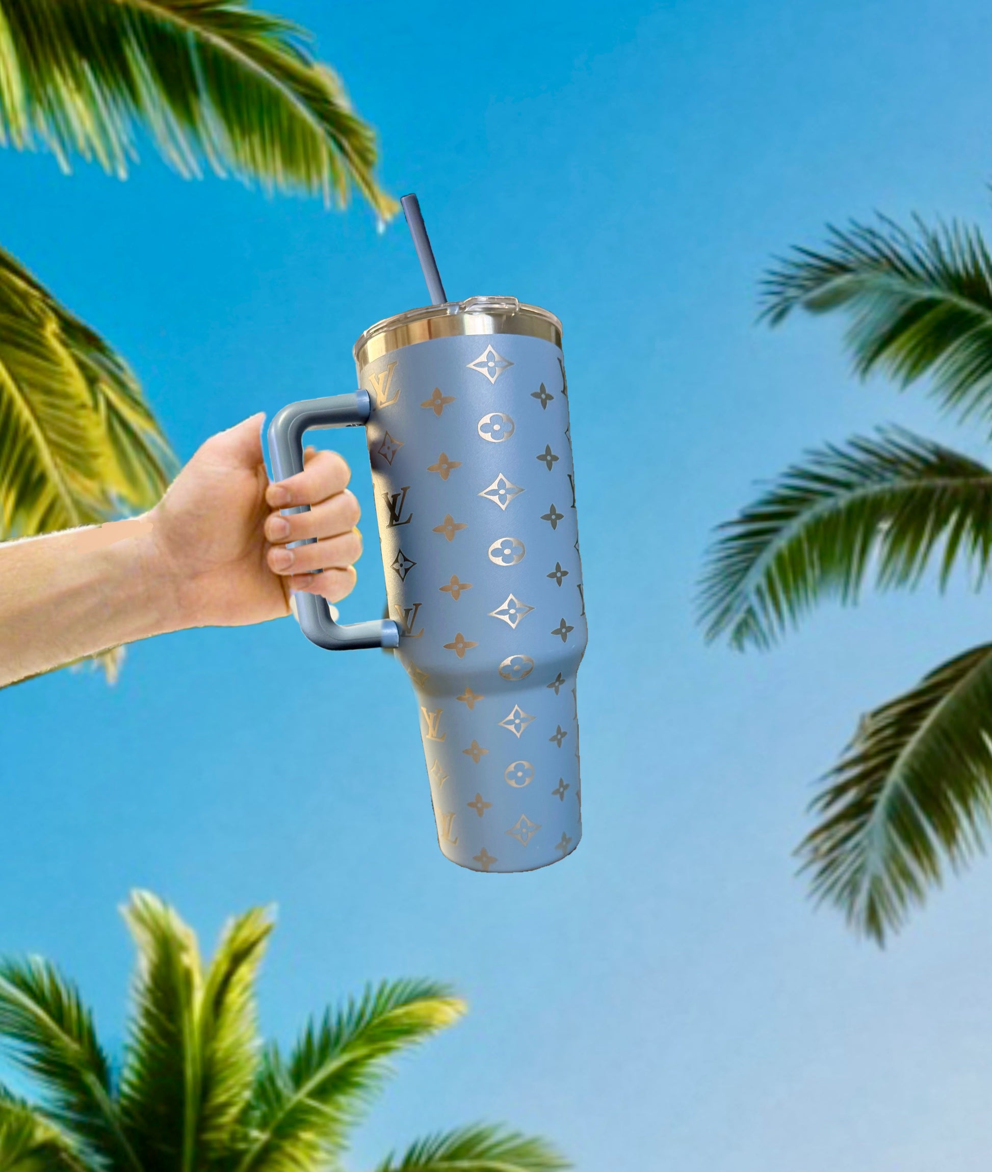 LV Inspired 40oz Grey-Blue Engraved Tumbler