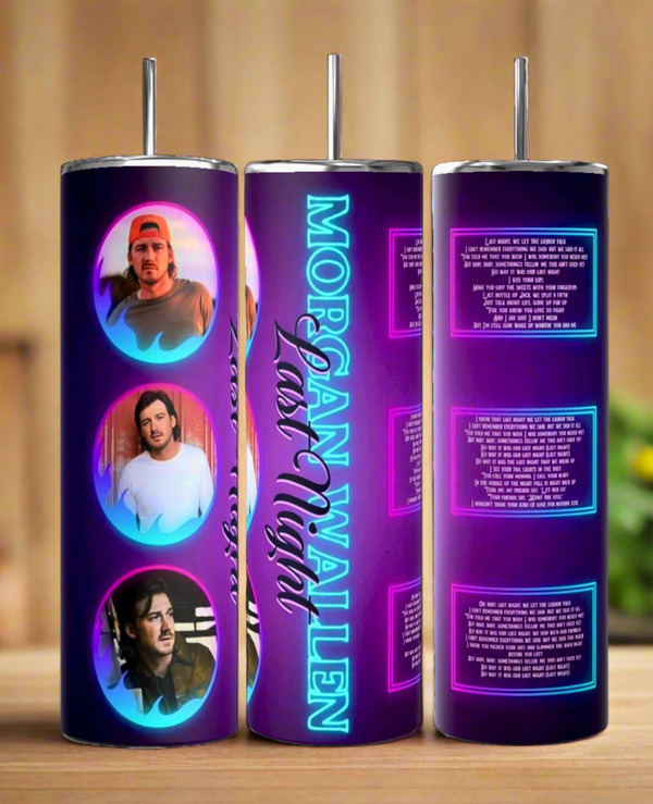 Explore Kreative Kreationz's luxury-like Morgan Wallen 20oz Tumblers, crafted from top-tier stainless steel. This neon-themed set features a central tumbler with "Morgan Wallen Last Night," while side tumblers depict a man in circles and song lyrics on a vibrant purple backdrop.