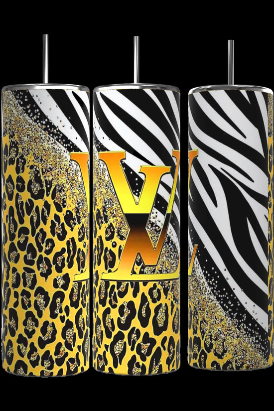 Three LV Yellow Cheetah Striped 20oz Stainless Steel Tumblers from Kreative Kreationz, complete with black straws, are displayed side by side. They feature bold patterns of zebra stripes and leopard spots, complemented by a prominent gold 